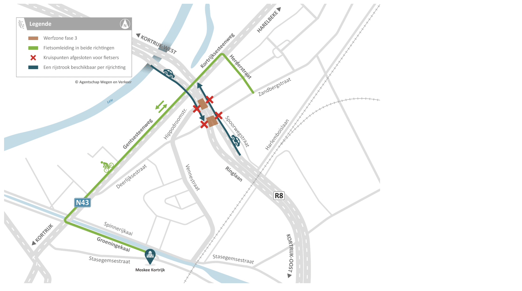 Fase 3 van werken aan kruispunt op Ringlaan (R8 en N43) Kortrijk en Harelbeke start vanaf 20 juni: fietsomleiding via Gentse- en Kortrijksesteenweg