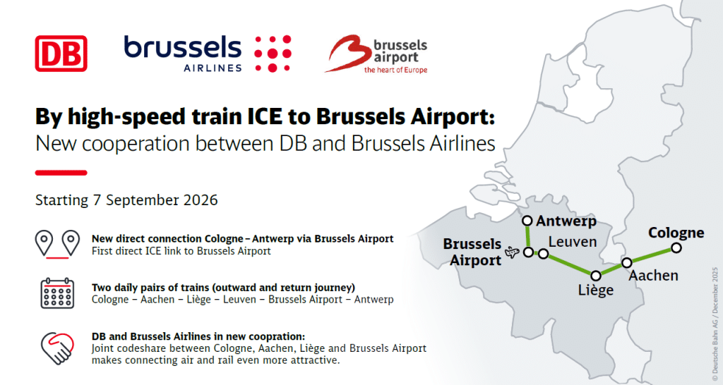 Nieuwe hogesnelheidstrein tussen Keulen en Brussels Airport van Deutsche Bahn, in codeshare met Brussels Airlines